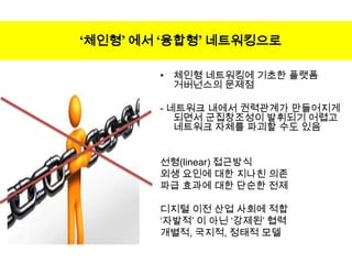 ‘체인형’ 에서 ‘융합형’ 네트워킹으로
• 체인형 네트워킹에 기초한 플랫폼
거버넌스의 문제점

- 네트워크 내에서 권력관계가 만들어지게
되면서 군집창조성이 발휘되기 어렵고
네트워크 자체를 파괴할 수도 있음
선형(linear) 접근방식
외생 요인에 대한 지나친 의존
파급 효과에 대한 단순한 전제
디지털 이전 산업 사회에 적합
„자발적‟ 이 아닌 „강제된‟ 협력
개별적, 국지적, 정태적 모델

 