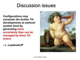 Discussion issues
Configurations may
constrain the further TH
developments at national
system level by
generating more
uncertainty than can be
managed by three TH
actors
- L. Leydesdorff

아시아 학연산 연구회

 