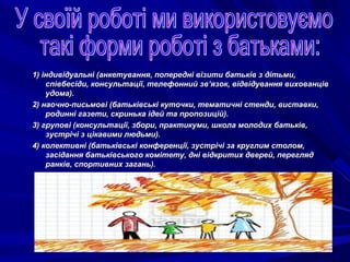 1) індивідуальні (анкетування, попередні візити батьків з дітьми,
співбесіди, консультації, телефонний зв’язок, відвідування вихованців
удома).
2) наочно-письмові (батьківські куточки, тематичні стенди, виставки,
родинні газети, скринька ідей та пропозицій).
3) групові (консультації, збори, практикуми, школа молодих батьків,
зустрічі з цікавими людьми).
4) колективні (батьківські конференції, зустрічі за круглим столом,
засідання батьківського комітету, дні відкритих дверей, перегляд
ранків, спортивних загань).

 