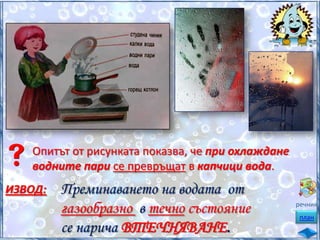 Опитът от рисунката показва, че при охлаждане
водните пари се превръщат в капчици вода.

ИЗВОД:

Преминаването на водата от
газообразно в течно състояние
се нарича ВТЕЧНЯВАНЕ.

речник
план

 