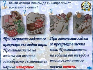 Какви изводи можем да си направим от
показаните опити?

При загряване водата се
превръща във водни пари.
Преминаването на
водата от течно в
газообразно състояние се
нарича изпарение.

При затопляне ледът
се превръща в течна
вода. Преминаването
на водата от твърдо в
течно състояние се
нарича топене.

 