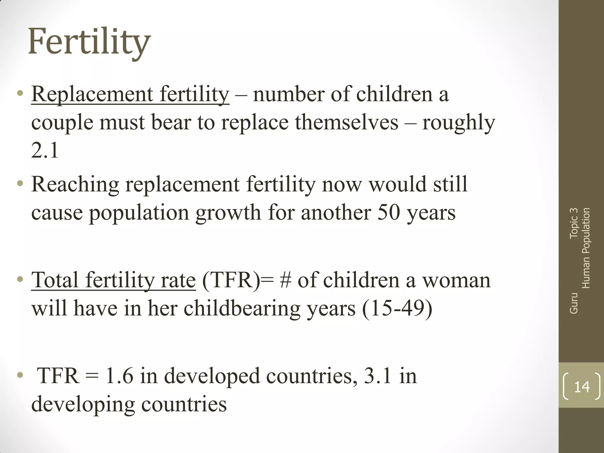 • Total fertility rate (TFR)= # of children a woman
will have in her childbearing years (15-49)

• TFR = 1.6 in developed countries, 3.1 in
developing countries

Guru

• Replacement fertility – number of children a
couple must bear to replace themselves – roughly
2.1
• Reaching replacement fertility now would still
cause population growth for another 50 years

Topic 3
Human Population

Fertility

14

 