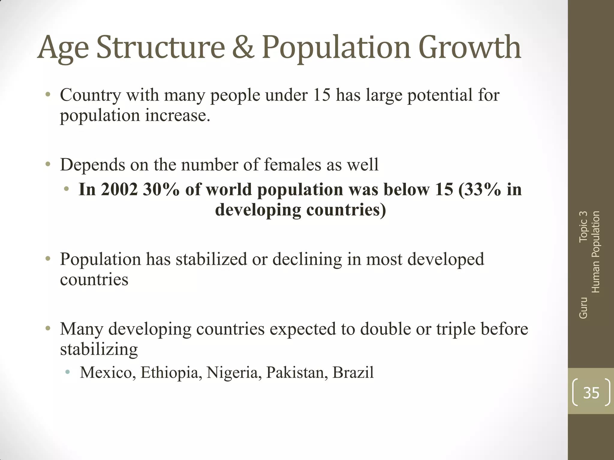 Age Structure & Population Growth

• Population has stabilized or declining in most developed
countries
• Many developing countries expected to double or triple before
stabilizing

Guru

• Depends on the number of females as well
• In 2002 30% of world population was below 15 (33% in
developing countries)

Topic 3
Human Population

• Country with many people under 15 has large potential for
population increase.

• Mexico, Ethiopia, Nigeria, Pakistan, Brazil
35

 