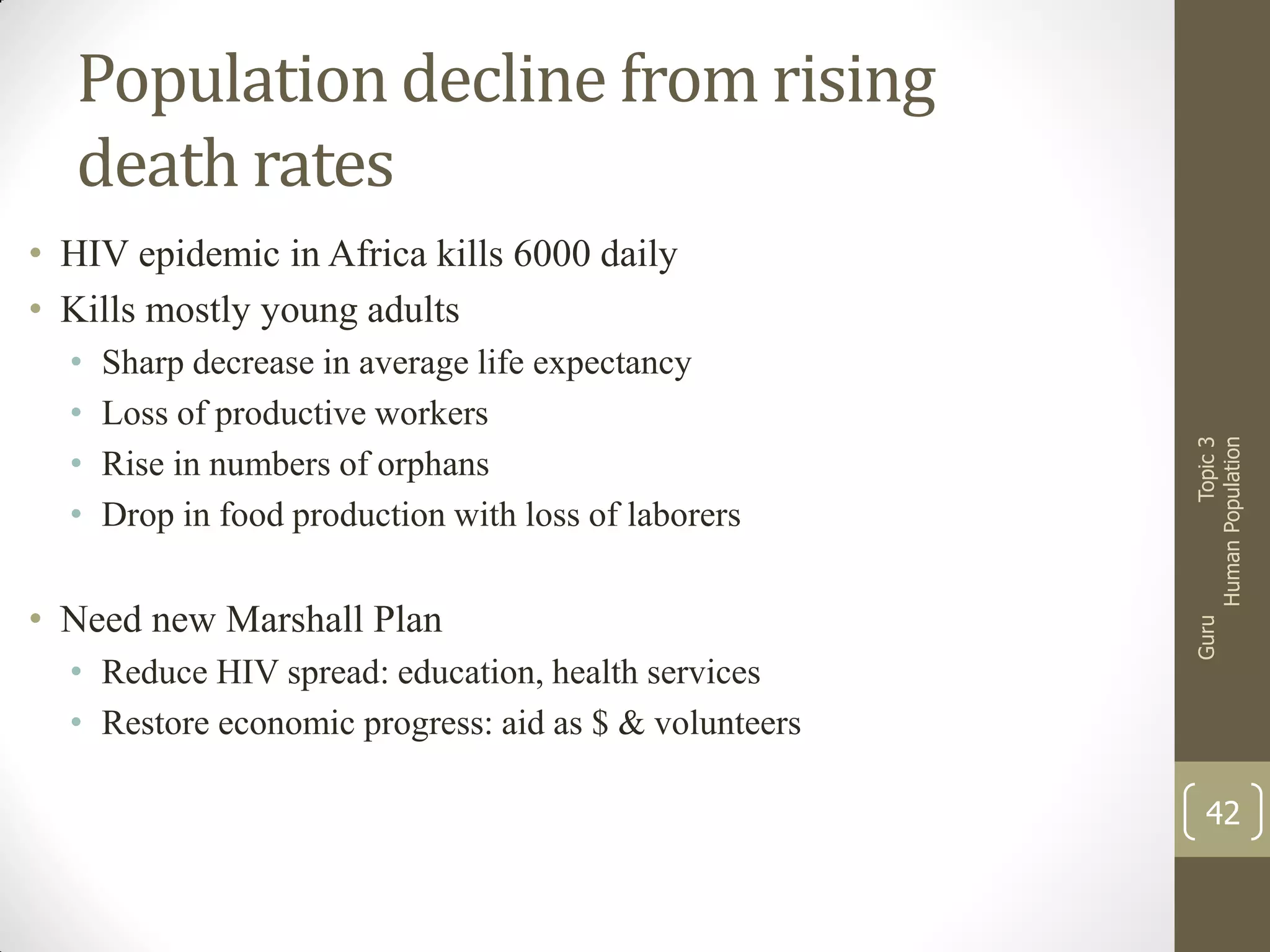 Population decline from rising
death rates
Sharp decrease in average life expectancy
Loss of productive workers
Rise in numbers of orphans
Drop in food production with loss of laborers

• Need new Marshall Plan
• Reduce HIV spread: education, health services
• Restore economic progress: aid as $ & volunteers

Guru

•
•
•
•

Topic 3
Human Population

• HIV epidemic in Africa kills 6000 daily
• Kills mostly young adults

42

 