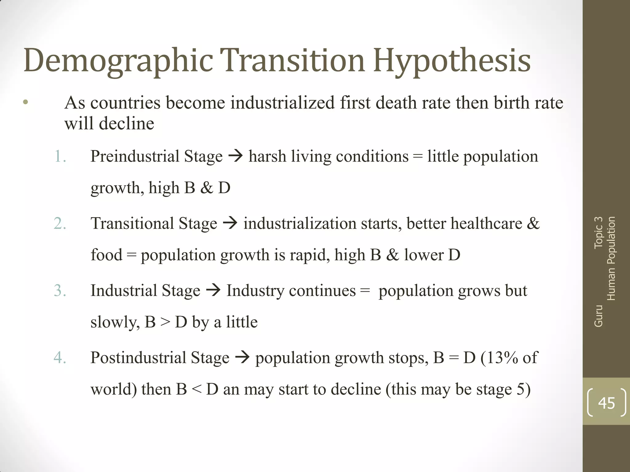 Demographic Transition Hypothesis
As countries become industrialized first death rate then birth rate
will decline
1.

Preindustrial Stage  harsh living conditions = little population
growth, high B & D

Industrial Stage  Industry continues = population grows but

Topic 3
Human Population

Transitional Stage  industrialization starts, better healthcare &

slowly, B > D by a little

2.

Guru

•

food = population growth is rapid, high B & lower D
3.

4.

Postindustrial Stage  population growth stops, B = D (13% of
world) then B < D an may start to decline (this may be stage 5)

45

 