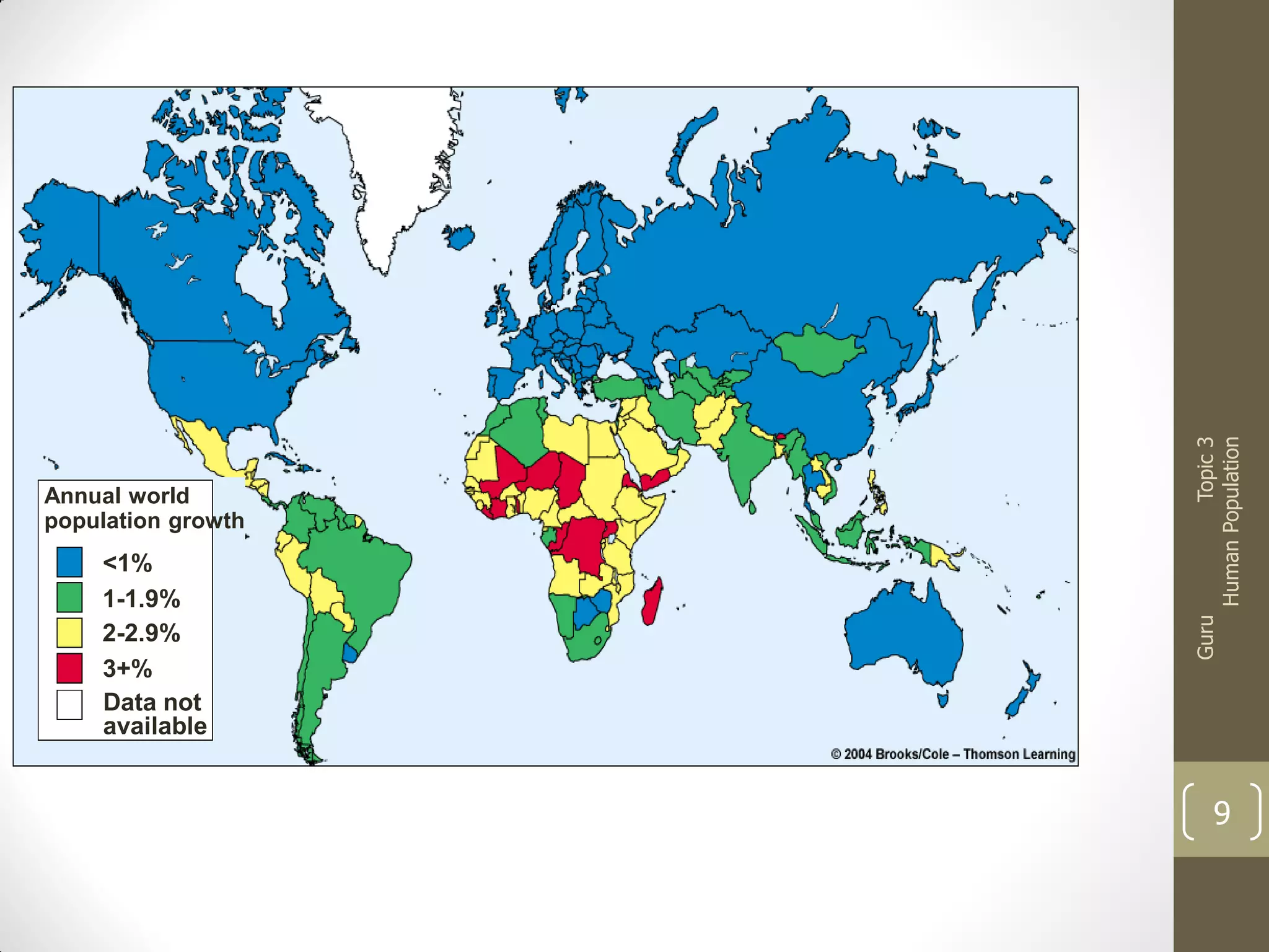Topic 3
Human Population

<1%
1-1.9%
2-2.9%
3+%
Data not
available

Guru

Annual world
population growth

9

 