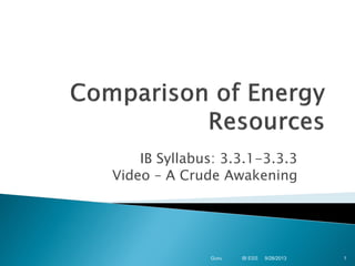 IB Syllabus: 3.3.1-3.3.3
Video – A Crude Awakening

Guru

IB ESS

9/28/2013

1

 