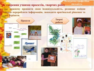 Створення учнями проектів, творчих

Позаурочна професійна
діяльність
робіт

дає кожному проявити свою індивідуальність, розвиває вміння
творчо переробляти інформацію, знаходити оригінальні рішення та
свої варіанти.
Проекти

Творчі
роботи

 
