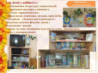 Для дітей у кабінеті є:

Навчально –
матеріальна база

• довідникова література ( енциклопедії,
• довідники школяра, словники );
* куточок народознавства ;
* збірки казок, оповідань, загадок, прислів′їв;
* матеріали з безпеки життєдіяльності ;
*відеотека дитячих фільмів, диски з
позакласних заходів;
*стенди, на яких відображається життя класу, допомагають
учням у самоврядуванні.

 