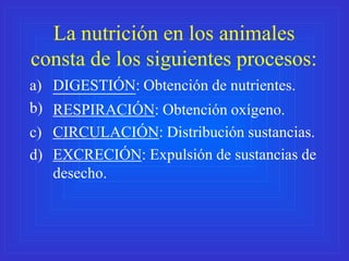 La nutrición en los animales
consta de los siguientes procesos:
RESPIRACIÓN: Obtención oxígeno.
CIRCULACIÓN: Distribución ...