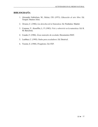 ACTIVIDADES EN EL MEDIO NATURAL

BIBLIOGRAFÍA
1. Alexander Gabrielsen, M., Holzer, CH. (1971). Educación al aire libre. Ed.
Troquel. Buenos Aires.
2. Álvarez, C. (1986). Los derechos de la Naturaleza. Ed. Penthalon. Madrid.
3. Couneau, Y., Knoeffler, L. P. (1983). Vivir y sobrevivir en la naturaleza. Ed. R.
M. Barcelona.
4. Casado, F. (1986). Áreas naturales de escalada. Documentos INEF.
5. Luebben, C. (1995). Nudos para escaladores. Ed. Desnivel.
6. Vicente, E. (1988). Piragüismo. Ed. FEP.

D3 ♥

57

 