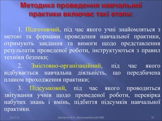 1. Підготовчий, під час якого учні знайомляться з
метою та формами проведення навчальної практики,
отримують завдання та вимоги щодо представлення
результатів проведеної роботи, інструктуються з правил
техніки безпеки;
2. Змістовно-організаційний, під час якого
відбувається навчальна діяльність, що передбачена
планом проходження практики;
3. Підсумковий, під час якого проводиться
звітування учнів щодо проведеної роботи, перевірка
набутих знань і вмінь, підбиття підсумків навчальної
практики.
23.11.13

Дмитрієва В.О., Красноармійський НВК

18

 