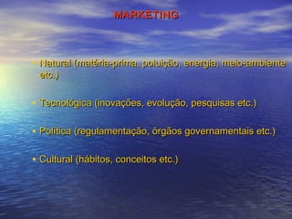 MARKETING

• Natural (matéria­prima, poluição, energia, meio­ambiente
etc.)

• Tecnológica (inovações, evolução, pesquisas etc.)
• Política (regulamentação, órgãos governamentais etc.)
• Cultural (hábitos, conceitos etc.)

 
