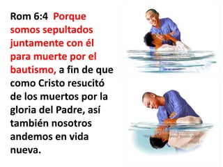 Rom 6:4 Porque
somos sepultados
juntamente con él
para muerte por el
bautismo, a fin de que
como Cristo resucitó
de los muertos por la
gloria del Padre, así
también nosotros
andemos en vida
nueva.

 