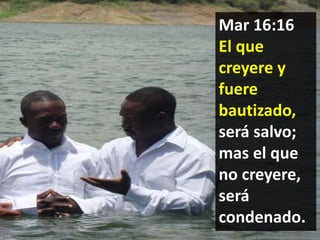 Mar 16:16
El que
creyere y
fuere
bautizado,
será salvo;
mas el que
no creyere,
será
condenado.

 