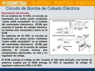 Circuito de Bomba de Cebado Eléctrica
Descripción del Circuito
En un sistema de 12 VDC, el circuito es
impulsado por pulso ancho modulado
“pulse width modulated” en el módulo
del controlador eléctronico (ECM) que
controla la bomba de cebado eléctrica.
La bomba esta conectada a tierra en el
ECM.
En sistemas de 24 VDC, el circuito es
impulsado por pulso ancho modulado
“pulse width modulated” en el módulo
del controlador eléctronico (ECM) que
controla el rele de la bomba de cebado
eléctrica. El circuito incluye dos
componentes adicionales, un rele y un
regulador de voltaje.
El ECM controla el voltaje al rele. Cuando el rele está activado, una fuente de
potencia suplida por el OEM entrega 24 VDC al regulador de voltaje. El
regulador reduce los VDC a 12 VDC

 