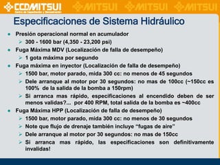 Especificaciones de Sistema Hidráulico
● Presión operacional normal en acumulador
 300 - 1600 bar (4,350 - 23,200 psi)
● Fuga Máxima MDV (Localización de falla de desempeño)
 1 gota máxima por segundo
● Fuga máxima en inyector (Localización de falla de desempeño)
 1500 bar, motor parado, mida 300 cc: no menos de 45 segundos
 Dele arranque al motor por 30 segundos: no mas de 100cc (~150cc es
100% de la salida de la bomba a 150rpm)
 Si arranca mas rápido, especificaciones al encendido deben de ser
menos validas?... por 400 RPM, total salida de la bomba es ~400cc
● Fuga Máxima HPP (Localización de falla de desempeño)
 1500 bar, motor parado, mida 300 cc: no menos de 30 segundos
 Note que flujo de drenaje también incluye “fugas de aire”
 Dele arranque al motor por 30 segundos: no mas de 150cc
 Si arranca mas rápido, las especificaciones son definitivamente
invalidas!

 