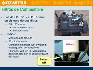 Filtros de Combustible
• Los 4/6D107-1 y 4D107 usan
un sistema de dos filtros.
– Filtro Primario
• Montado en el motor
• 2 micrón media

• Pre-filtro
– Montado por el OEM
– 10 micrón media
– Contiene el sensor WIF („water in
fuel‟/agua en combustible)
– El sensor WIF es OEM Instalado
pero conecta con el conector ECM
del motor
Sensor
WIF

10 Micron

 