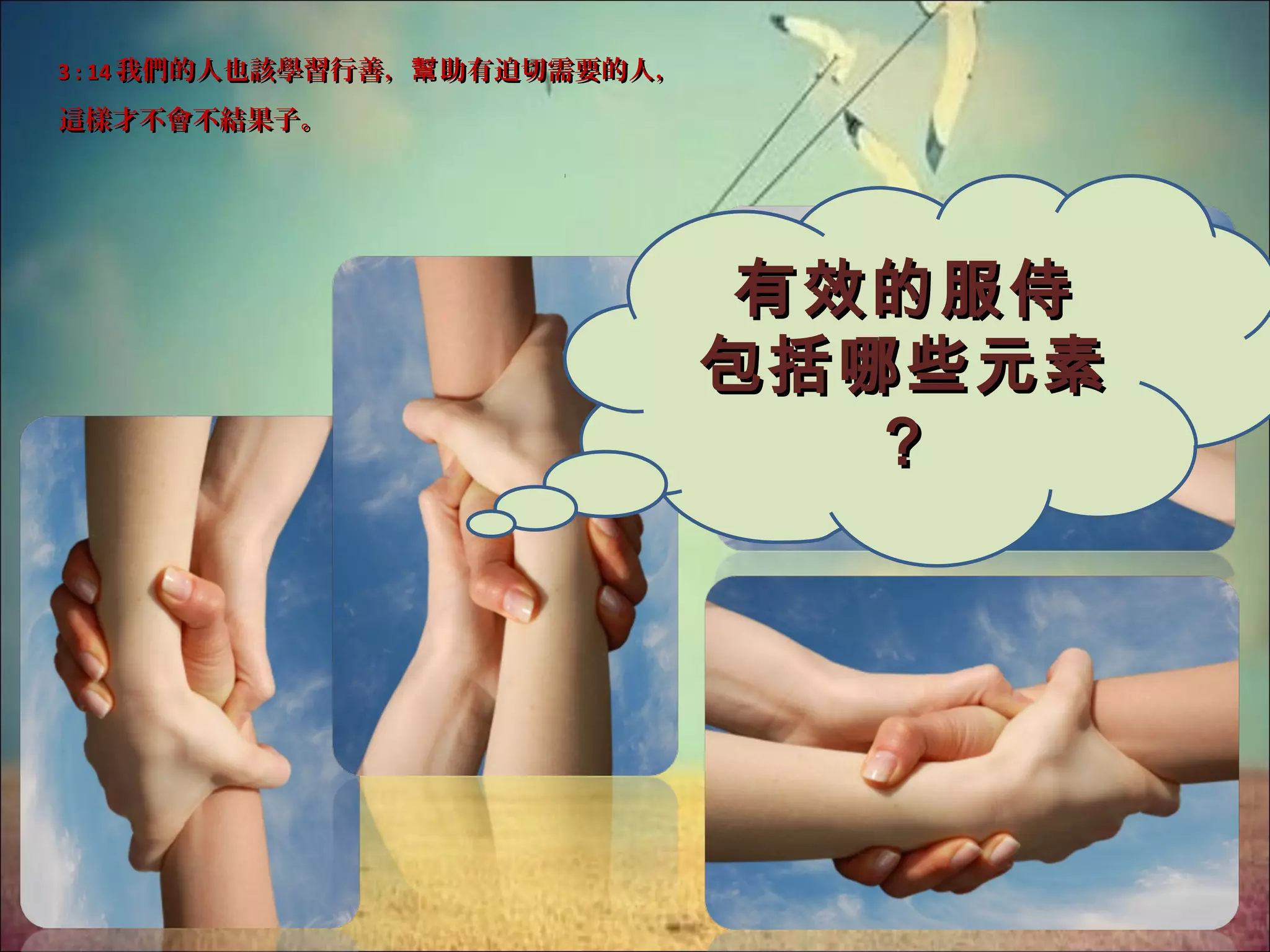 3 : 14 我們的人也該學習行善，幫 助有迫切需要的人，

這樣才不會不結果子。

有效的服侍
包括哪些元素
？

 