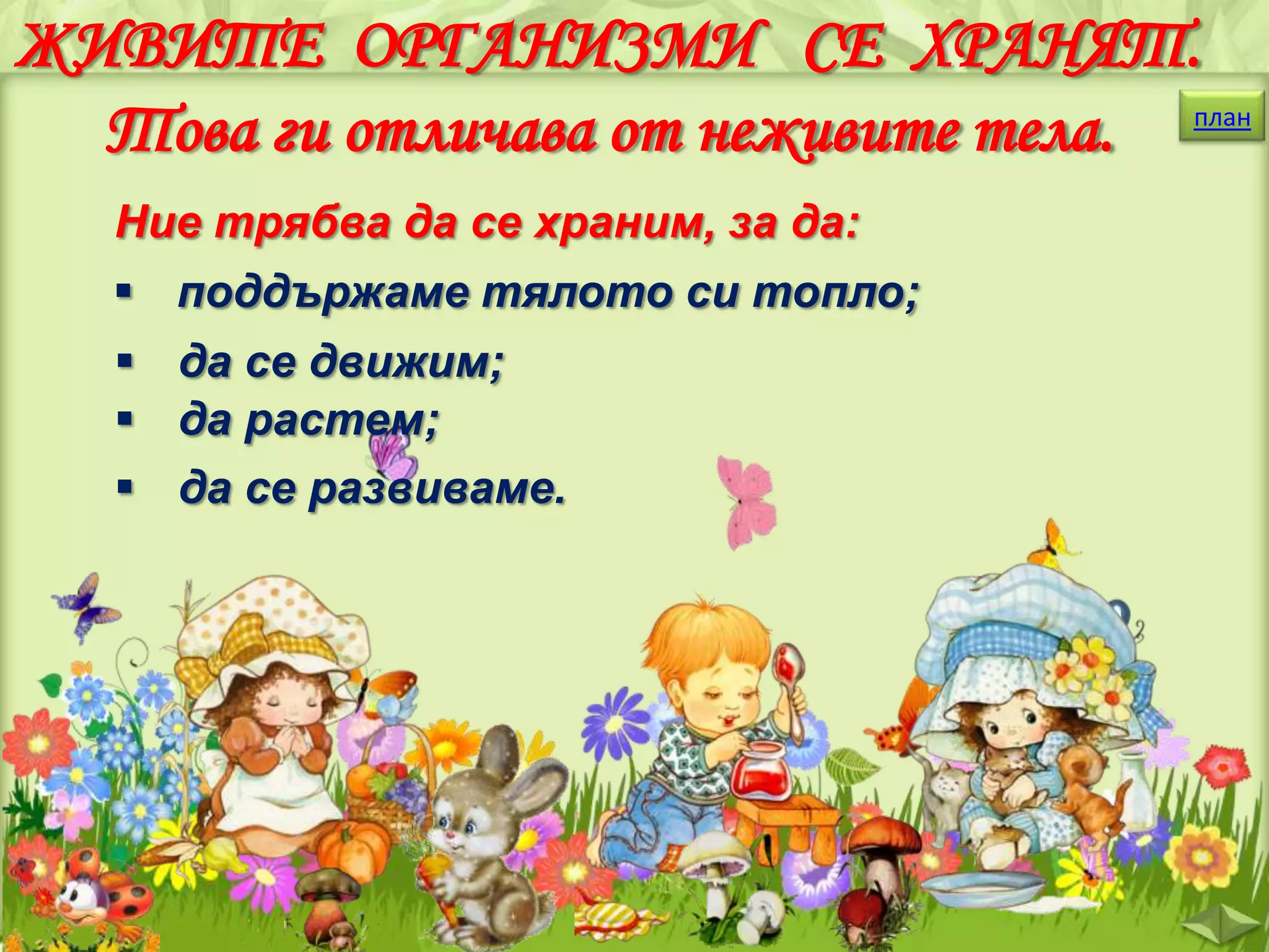 ЖИВИТЕ ОРГАНИЗМИ СЕ ХРАНЯТ.
Това ги отличава от неживите тела.

план

Ние трябва да се храним, за да:
 поддържаме тялото си топло;
 да се движим;
 да растем;
 да се развиваме.

 