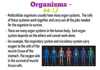 Organisms us :)

• Multicellular organisms usually have many organ systems. The cells
of these systems work together and carry out all the jobs needed
for the organism to survive.
• There are many organ systems in the human body. Each organ
system depends on the others and cannot work alone.
• For example, the respiratory system and circulatory system carry
oxygen to the cells of the
muscle tissue of the
stomach. The oxygen aids
in the survival of muscle
tissue cells.

 
