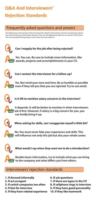 Frequently asked questions and anwers
The following are the questions that are frequently asked by interviewees. Answers are given by experts.
You will find what you want below. Besides, if you are still applying for jobs but no answers? Don’t panic.
The most wonderful thing always comes when you least expect it.

Can I reapply for the job after being rejected?

A

Yes. You can. Be sure to include more information, like
awards, projects and accomplishments in your CV.

Can I contact the interviewer for a follow-up?

A

Yes. But mind your tone and time. Be as humble as possible
even if they tell you that you are rejected. Try to use email.

Is it OK to mention salary concerns in the interview?

A

It depends. It will be better to mention it when interviewers
ask it first. However, if salary is a big concern for you, you
can kindly bring it up.
When asking for skills, can I exaggerate myself a little bit?

A

No. You must never fake your experience and skills. This
will influence not only this job but also your whole career.

What would I say when they want me to do a introduction?

A

Besides basic information, try to include what you can bring
to the company and what differs you from others.

Interviewers’ rejection standards
1. If dressed informally
2. If act arrogant
3. If switch companies too often
4. If late for interview
5. If they have related experience

6. If ask questions
7. If there are typos in the CV
8. If cellphone rings in interview
9. If they have good personality
10. If they like teamwork

 