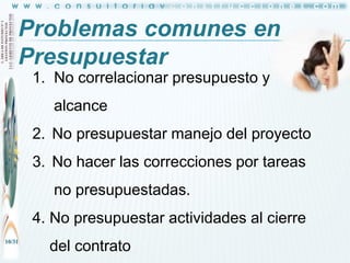 Problemas comunes en
Presupuestar
1. No correlacionar presupuesto y

alcance
2. No presupuestar manejo del proyecto
3. No hacer las correcciones por tareas
no presupuestadas.
4. No presupuestar actividades al cierre
10/31

del contrato

 