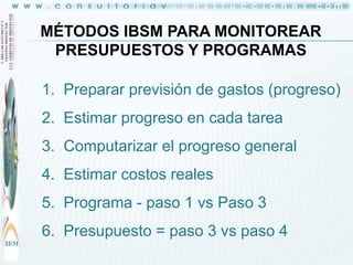 MÉTODOS IBSM PARA MONITOREAR
PRESUPUESTOS Y PROGRAMAS
1. Preparar previsión de gastos (progreso)
2. Estimar progreso en cada tarea
3. Computarizar el progreso general

4. Estimar costos reales
5. Programa - paso 1 vs Paso 3
6. Presupuesto = paso 3 vs paso 4
22/31

 