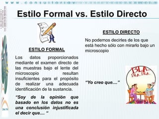 Estilo Formal vs. Estilo Directo
ESTILO DIRECTO

ESTILO FORMAL
Los
datos
proporcionados
mediante el examen directo de
las muestras bajo el lente del
microscopio
resultan
insuficientes para el propósito
de realizar una adecuada
identificación de la sustancia.

26/31

“Soy de la opinión que
basado en los datos no es
una conclusión injustificada
el decir que.... “

No podemos decirles de los que
está hecho sólo con mirarlo bajo un
microscopio

“Yo creo que....”

 