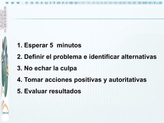 1. Esperar 5 minutos
2. Definir el problema e identificar alternativas

3. No echar la culpa
4. Tomar acciones positivas y autoritativas

5. Evaluar resultados

29/31

 