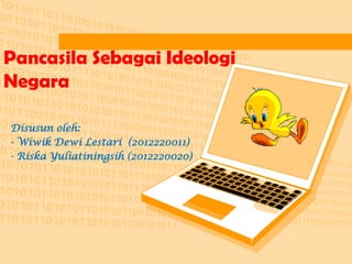 Pancasila Sebagai Ideologi
Negara
Disusun oleh:
- Wiwik Dewi Lestari (2012220011)
- Riska Yuliatiningsih (2012220020)

 