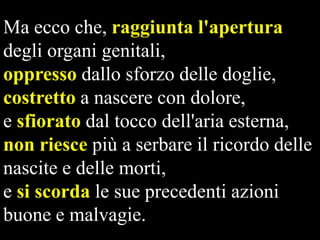 Ma ecco che, raggiunta l'apertura
degli organi genitali,
oppresso dallo sforzo delle doglie,
costretto a nascere con dolore,
e sfiorato dal tocco dell'aria esterna,
non riesce più a serbare il ricordo delle
nascite e delle morti,
e si scorda le sue precedenti azioni
buone e malvagie.  

 