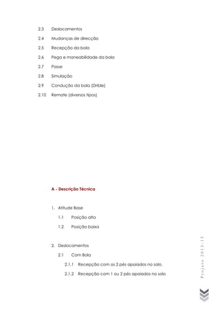 2.3

Deslocamentos

2.4

Mudanças de direcção

2.5

Recepção da bola

2.6

Pega e maneabilidade da bola

2.7

Passe

2.8

Simulação

2.9

Condução da bola (Drible)

2.10

Remate (diversos tipos)

A - Descrição Técnica

1. Atitude Base
Posição alta

1.2

Posição baixa

2. Deslocamentos
2.1

Com Bola
2.1.1

Recepção com os 2 pés apoiados no solo.

2.1.2

Recepção com 1 ou 2 pés apoiados no solo

Projeto 2013-15

1.1

 