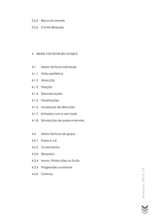 3.2.5

Bloco ao remate

3.2.6

Contra Bloqueio

4. MEIOS TÁCTICOS DO ATAQUE

Meios tácticos individuais

4.1.1

Visão periférica

4.1.2

Atracção

4.1.3

Fixação

4.1.4

Desmarcações

4.1.5

Penetrações

4.1.6

Mudanças de direcção

4.1.7

Entradas com e sem bola

4.1.8

Simulações de passe e remate

4.2

Meios tácticos de grupo

4.2.1

Passe e vai

4.2.2

Cruzamentos

4.2.3

Bloqueios

4.2.4

Muros, Protecções ou Ecrãs

4.2.5

Progressões sucessivas

4.2.6

Cortinas

Projeto 2013-15

4.1

 