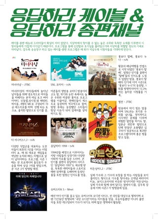 케이블-종편 예능과 드라마들이 확실히 자리 잡았다. 지상파에서 찾아볼 수 없는 높은 수위와 독특한 소재를 다루면서 시
청자들에게 가깝게 다가갔기 때문이다. 프로그램을 통해 신선함과 호기심을 불러일으키며 지상파를 위협할 정도의 기세로
자라났다. 갈수록 승승장구 하고 있는 케이블-종편 프로그램은 매 회가 지날수록 시청자들을 기대하게 만든다.
꽃보다 할배, 꽃보다 누
나 - tvN

마녀사냥 - JTBC

SNL 코리아 - tvN

마녀(마성의 여자)들에게 놀아난
남자들을 위해 냉소적으로 여자들
을 파헤치는 본격 여심 토크 버라
이어티. 신동엽,성시경,샘 해밍턴,
허지웅, 4명의 MC로 구성되어 19
금 애드리브를 하며 진행 되는 토
크쇼. 솔직한 발언으로 인기를 끔.

황혼의 배낭여행을 컨셉으
로 시작 되었던 ‘꽃보다 할
배’. 엄청난 인기를 끌면서
‘할배’들의 인지도를 느낄
수 있었던 방송. 꽃보다 할
배의 인기에 이어 시즌2로
‘꽃보다 누나’의 등장함. 1
회를 방영하자마자 12.2%
라는 놀라운 시청률을 기
록.

어른들의 생방송 코미디 방송이라
고도 함. 위기와 논란 속에서도 높
은 수위와 따끔한 풍자로 프로그
램을 이끌어감. 연예인들이 게스
트로 등장하여 적극적으로 참여.
방영 후에는 등장했던 스타들이
항상 이슈가 되어 검색어를 장악
하기도 함.

썰전 - JTBC
방송에서 하기 힘든 말을
하며 SNL과는 또다른 수
위를 넘나듦. 정치적이고
시사적인 문제를 다루며
위험한 발언을 하기도 함.
일본군 위안부 발언으로
인해 한동안 조용했던 김
구라가 성공적으로 복귀한
프로그램이라며 좋은 평을
받고 있음.

더 지니어스1,2 - tvN
다양한 직업군을 대표하는 도전
자들이 최후의 1인을 가리는 리얼
리티 쇼. 매 회 새로운 게임들로
적당한 눈치와 배신, 타협으로 살
아 남아야하는 프로그램. 시즌 1
때는 전 프로게이머 홍진호가 우
승을 하여 상금 1억을 받았으며,
곧 시즌 2가 방영될 예정.

응답하라 1994 - tvN
1994년을 배경으로 이루어지는
지방 사람들의 상경기와 다양한
사회적 이슈를 담은 드라마. 큰
인기를 끌면서 응답하라 시리즈
인 ‘응답하라 1997’도 재조명 받
음. 독특한 캐릭터들과 스토리로
매번 검색어를 도배하며 등장인
물들 또한 엄청난 인지도를 얻음.

슈퍼스타K 5 - Mnet

히든싱어1,2 - JTBC
실제 가수와 그 가수의 모창을 잘 하는 사람들을 모아
블라인드 형식으로 가수를 찾아내는 신개념 버라이어
티쇼. 보이스코리아와 비슷한 방식이지만 히든싱어는
실제 가수와 함께 섞여 있다는 점에서 다름. 갈수록 상
승세 이며 시즌2 가 방영중에 있음.

매년 마다 인기를 끌고 있는 슈퍼스타K 오디션 시리즈. 전 국민을 대상으로 펼쳐지며 오
랜 기간동안 방영되며 ‘국민 오디션’이라는 타이틀을 얻음. 우승자들뿐만 아니라 출연
자들 또한 캐스팅되어 가수가 되기도 하며 많은 영역에서 활동함.

 