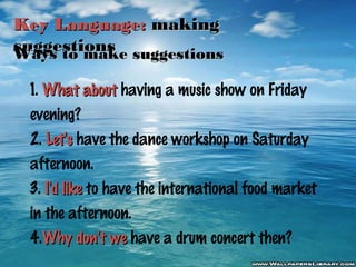 Key Language: making
suggestions suggestions
Ways to make
1. What about having a music show on Friday
evening?
2. Let's have the dance workshop on Saturday
afternoon.
3. I'd like to have the international food market
in the afternoon.
4.Why don't we have a drum concert then?

 