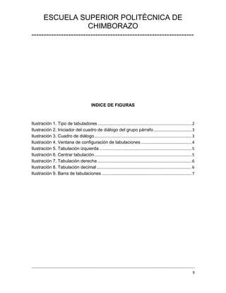 ESCUELA SUPERIOR POLITÉCNICA DE
CHIMBORAZO
------------------------------------------------------------------

INDICE DE FIGURAS

Ilustración 1. Tipo de tabuladores ..................................................................................... 2
Ilustración 2. Iniciador del cuadro de diálogo del grupo párrafo .................................. 3
Ilustración 3. Cuadro de diálogo ........................................................................................ 3
Ilustración 4. Ventana de configuración de tabulaciones .............................................. 4
Ilustración 5. Tabulación izquierda ................................................................................... 5
Ilustración 6. Centrar tabulación ........................................................................................ 5
Ilustración 7. Tabulación derecha ..................................................................................... 6
Ilustración 8. Tabulación decimal ...................................................................................... 6
Ilustración 9. Barra de tabulaciones ................................................................................. 7

----------------------------------------------------------------------------------------------------------------------------------9

 