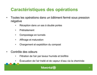 Caractéristiques des opérations
•   Toutes les opérations dans un bâtiment fermé sous pression
    négative
       •   Réception dans un sas à double portes
       •   Prétraitement
       •   Compostage en tunnels
       •   Affinage et maturation
       •   Chargement et expédition du compost


•   Contrôle des odeurs
       •   Filtration de l’air par laveur humide et biofiltre
       •   Évacuation de l’air traité et de vapeur d’eau via la cheminée

                                                                           31
 