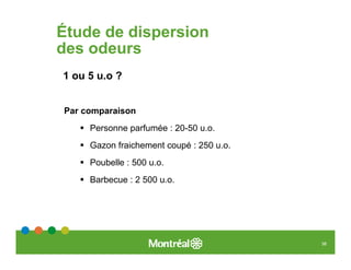 Étude de dispersion
des odeurs
1 ou 5 u.o ?


Par comparaison
     Personne parfumée : 20-50 u.o.
     Gazon fraichement coupé : 250 u.o.
     Poubelle : 500 u.o.
     Barbecue : 2 500 u.o.




                                          38
 