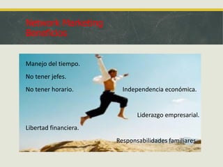 Network Marketing
Beneficios
Manejo del tiempo.
No tener jefes.
No tener horario.

Independencia económica.

Liderazgo empresarial.
Libertad financiera.
Responsabilidades familiares.

 
