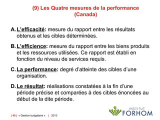 (9) Les Quatre mesures de la performance
(Canada)
A. L’efficacité: mesure du rapport entre les résultats
obtenus et les cibles déterminées.

B. L’efficience: mesure du rapport entre les biens produits
et les ressources utilisées. Ce rapport est établi en
fonction du niveau de services requis.
C. La performance: degré d’atteinte des cibles d’une
organisation.
D. Le résultat: réalisations constatées à la fin d’une
période précise et comparées à des cibles énoncées au
début de la dite période.
| 40 | « Gestion budgétaire »

| 2013

 