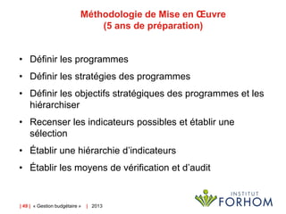Méthodologie de Mise en Œuvre
(5 ans de préparation)
• Définir les programmes
• Définir les stratégies des programmes
• Définir les objectifs stratégiques des programmes et les
hiérarchiser
• Recenser les indicateurs possibles et établir une
sélection
• Établir une hiérarchie d’indicateurs
• Établir les moyens de vérification et d’audit

| 49 | « Gestion budgétaire »

| 2013

 
