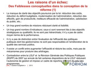 Les raisons d’un échec:
Des Faiblesses conceptuelles dans la conception de la
réforme (1)
•

Le manque de clarté des objectifs poursuivis par la loi: réduction des coûts,
réduction du déficit budgétaire, modernisation de l’administration, réduction des
effectifs, gain de productivité, meilleure efficacité de l’administration, satisfaction
du public, etc.;

•

Un trop grand nombre de missions réduisant clarté et lisibilité;

•

Un trop grand nombre d’indicateurs; ceux-ci sont rarement liés à des objectifs
stratégiques ou qualitatifs; ils ne sont pas hiérarchisés; il n’y a pas de cadre
moyen terme de la performance.

•

Il n’y a pas de distinction entre l’évaluation de l’efficacité des politiques
publiques dont les gestionnaires ne sont pas responsables et l’amélioration de la
qualité des services publics.

•

Il existe un conflit entre augmenter l’efficacité et réduire les coûts, mais pas de
mécanismes pour produire des arbitrages.

•

Contradiction entre la LOLF et la Révision Générale des Politiques Publiques
(RGPP) de 2007 qui annule de fait certaines dispositions de la LOLF réduisant
l’autonomie de gestion et impose un cadre de reporting différent de celui des
programmes.
| 54 | « Gestion budgétaire »

| 2013

 
