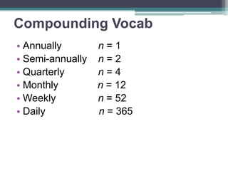 Compounding Vocab
• Annually
• Semi-annually
• Quarterly
• Monthly
• Weekly
• Daily

n=1
n=2
n=4
n = 12
n = 52
n = 365

 