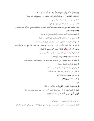 ‫إِنَّهم اتَّخذوا الشيَاطين أَولِيَآء من دوف اللَّو ويَحسبُوف أَنَّهم مهتَدوف (ٖٓ)‬
‫ػ ُ ُ َ ُ َّ ِ َ ْ َ ِ ْ ُ ِ ِ َ ْ َ َ ػ ُ ْ ُ ْ ُ َ‬

‫الشاطبية ُب البقرة رقم ٖٛ٘ : و(حيسب) كسر السُت مستقبال ظبا رضاه وَل يلزـ قياسا مؤصال‬
‫َْ ُ‬

‫الدرة : وميسرة افتح كيحسب أد ، واكسره فق‬
‫َ‬

‫الطيبة : وحيسب مستقبال بفتح سُت كتبوا ُب نص ثبت‬

‫قػػالوف بسػػكوف مػػيم اعبمػػع علػػى توسػػط اؼبتصػػل وق ػرأ بكسػػر السػػُت ُب (وحيسػػبُوف) وانػ ج معػػو أبػػو عمػػرو والكسػػائي‬
‫َ َْ ِ َ ػدر‬
‫ويعقوب وخلف العاشر‬
‫ثم قالوف بالصلة وقرأ بكسر السُت ُب (وحيسبُوف) و ج معو ابن كثَت‬
‫َ َْ ِ َ اندر‬
‫ثم أبو جعفر على توسط اؼبتصل قرأ بفتح السُت ُب (وحيسبُوف) مع الصلة‬
‫َ َْ َ َ‬

‫ثم ابن عامر على توسط اؼبتصل قرأ بفتح السُت ُب (وحيسبُوف) و ج معو عاصم‬
‫َ َْ َ َ اندر‬
‫ثم ورش على طوؿ اؼبتصل وقرأ بكسر السُت ُب (وحيسبُوف) ثم ضبزة على طوؿ اؼبتصل وقرأ بفتح السُت ُب (وحيسبُوف)‬
‫َ َْ َ َ‬
‫َ َْ ِ َ‬
‫آ َ َ ُ ُ ِ ُ ْ ِ َ ُ ّْ َ ْ ِ ٍ وُ َ ْ َ َ َ ْ ِ‬
‫يَا بَنِي~ َدـ خذوا زينَتَكم ع ْند كل مسجد َكلُوا واشربُوا وَل تُسرفُوا‬
‫قالوف على قصر اؼبنفصل وسكوف ميم اعبمع و ج معو البصري ويعقوب‬
‫اندر‬

‫ثم قالوف بالصلة و ج معو ابن كثَت وأبو جعفر‬
‫اندر‬
‫ثم قال وف على توسط اؼبنفصل و ج معو دوري البصري وابن عامر وعاصم والكسائي وخلف العاشر‬
‫اندر‬
‫ثم قالوف على توسط اؼبنفصل وبالصلة‬
‫ثم ورش على طوؿ اؼبنفصل وقصر البدؿ و ج معو خالد‬
‫اندر‬
‫ثم خلف على طوؿ اؼبنفصل وبال غنة ُب (مسجد كلوا)‬
‫و‬
‫ثم ورش على توسط وطوؿ البدؿ (آدـ)‬
‫َ ِ‬
‫إِنَّوُ َل يُحب الْمسرفِين (ٖٔ)‬
‫ُّ ُ ْ ِ َ‬
‫قالوف‬
‫ْ ِ ِ‬
‫ِ‬
‫ِ ِ ّْ ْ ِ‬
‫ْ َ ْ َ َّ َ ِ‬
‫قُل من حرـ زينَةَ اللَّو الَّتِي~ أَخرج لِعبَادهِ والطَّيّْبَات من الرزؽ‬
‫ََ‬
‫َ‬
‫َ‬
‫قالوف على قصر اؼبنفصل ٍب قالوف على توسط اؼبنفصل ٍب ورش على طوؿ اؼبنفصل و ج معو ضبزة‬
‫اندر‬
‫ِ ِ‬
‫ِ ِ‬
‫قُل ىي لِلَّذين َمنُوا فِي الْحيَاةِ الدنْػيَا خالِصةً يَػوـ الْقيَامة‬
‫ُّ َ َ ْ َ َ‬
‫َ‬
‫َ آَ‬
‫ْ َ‬
‫الشاطبية ُب األعراؼ رقم ٗٛٙ : و(خالصة) أصل‬
‫ٌ ) و ج معو ورش بوجو قصر البدؿ على فتح (الدنيا)‬
‫قالوف قرأ بالرفع (خالصة اندر‬

‫ثم ابن كثَت بالنصب (خالصةً)‬

 