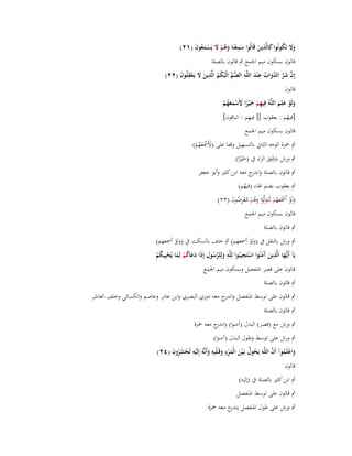 ‫ِ‬
‫وَل تَكونُوا كالَّذين قَالُوا سمعنَا وىم َل يَسمعوف (ٕٔ)‬
‫َِْ َُ ْ َ َُْ َ‬
‫ََ ُ َ َ‬

‫قالوف بسكوف ميم اعبمع ٍب قالوف بالصلة‬
‫إِف شر َّواب ع ْند اللَّو الصم الْبُكم الَّذين َل يَػعقلُوف (ٕٕ)‬
‫َّ َ َّ الد َ ّْ ِ َ ِ ُّ ُّ ْ ُ ِ َ َ ْ ِ َ‬
‫قالوف‬
‫ولَو علِم اللَّوُ فِيهم خ ْيػرا ألَسمعهم‬
‫ِ ْ َ ً َ ْ َ َُ ْ‬
‫َْ َ َ‬
‫ِ‬
‫[فيهم : يعقوب ][ فيهم : الباقوف]‬
‫ُ‬
‫قالوف بسكوف ميم اعبمع‬

‫ٍب ضبزة الوجو الثاين بالتسهيل وقفا على (ألَظبَعهم)‬
‫َ ْ َُ ْ‬

‫ٍب ورش بًتقيق الراء ُب (خْيػرا)‬
‫ًَ‬
‫ٍب قالوف بالصلة و ج معو ابن كثَت وأبو جعفر‬
‫اندر‬
‫ٍب يعقوب بضم اؽباء (فيهم)‬
‫ُ‬

‫ولَو أَظبَعهم لَتَػولَّوا وىم معرضوف (ٖٕ)‬
‫َ ْ ْ َُ ْ َ ْ َُ ْ ُِْ ُ َ‬
‫قالوف بسكوف ميم اعبمع‬
‫ٍب قالوف بالصلة‬
‫ٍب ورش بالنقل ُب (ولو أظبعهم) ٍب خلف بالسكت ُب (ولو أظبعهم)‬
‫ْ‬
‫ْ‬
‫ػ ِ‬
‫ِ‬
‫ِ‬
‫ِ‬
‫يَآ أَيُّها الَّذين َمنُوا استَجيبُوا لِلَّو ولِلرسوؿ إِذا دعاكم لِما يُحيِيكم‬
‫َ‬
‫َ آَ ْ‬
‫َ َّ ُ َ َ َ ُ ْ َ ْ ُ ْ‬
‫قالوف على قصر اؼبنفصل وبسكوف ميم اعبمع‬
‫ٍب قالوف بالصلة‬
‫ٍب قالوف على توسط اؼبنفصل و ج معو دوري البصري وابن عامر وعاصم والكسائي وخلف العاشر‬
‫اندر‬
‫ٍب قالوف بالصلة‬
‫ٍب ورش مع (قصر) البدؿ (آمنوا) و ج معو ضبزة‬
‫اندر‬
‫ٍب ورش على توسط وطوؿ البدؿ (آمنوا)‬
‫َ ْ ُ َّ‬
‫واعلَموآ أَف اللَّوَ يَحوؿ بَػ ْين الْمرء وقَػلبِو وأَنَّوُ إِلَيو تُحشروف (ٕٗ)‬
‫ُ ُ َ َ ِْ َ ْ ِ َ ِْ ْ َُ َ‬
‫قالوف‬
‫ٍب ابن كثَت بالصلة ُب (إليو)‬
‫ٍب قالوف على توسط اؼبنفصل‬
‫ٍب ورش على طوؿ اؼبنفصل ج معو ضبزة‬
‫يندر‬

 