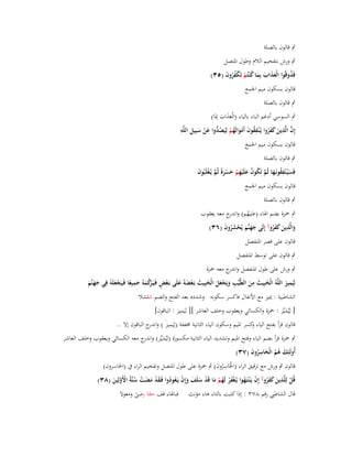 ‫ٍب قالوف بالصلة‬
‫ٍب ورش بتفخيم الالـ وطوؿ اؼبتصل‬
‫فَذوقُوا الْعذاب بِما ك ْنتُم تَكفروف (ٖ٘)‬
‫ُ‬
‫َ َ َ َ ُ ْ ْ ُُ َ‬
‫قالوف بسكوف ميم اعبمع‬
‫ٍب قالوف بالصلة‬

‫ٍب السوسي أدغم الباء بالباء (الْعذاب ِدبَا)‬
‫ََ َ‬
‫ِ‬
‫ِ‬
‫ِ ِ‬
‫إِف الَّذين كفروا يُػ ْنفقوف أَموالَهم لِيَص ُّوا عن سبِيل اللَّو‬
‫ُ َ ْ َ ُ ْ ُد َ ْ َ‬
‫َّ َ َ َ ُ‬

‫قالوف بسكوف ميم اعبمع‬

‫ٍب قالوف بالصلة‬
‫فَسيُػ ْنفقونَػها ثُم تَكوف علَْيهم حسرة ثُم يُػغلَبُوف‬
‫َ ِ ُ َ َّ ُ ُ َ ِ ْ َ ْ َ ً َّ ْ َ‬
‫قالوف بسكوف ميم اعبمع‬
‫ٍب قالوف بالصلة‬
‫ٍب ضبزة بضم اؽباء (عليهم) و ج معو يعقوب‬
‫ُ اندر‬
‫ِ‬
‫والَّذين كفروآ إِلَى جهنَّم يُحشروف (ٖٙ)‬
‫َ َ َ ْ َُ َ‬
‫َ َ ََُ‬
‫قالوف على قصر اؼبنفصل‬
‫ٍب قالوف على توسط اؼبنفصل‬
‫ٍب ورش على طوؿ اؼبنفصل و ج معو ضبزة‬
‫اندر‬
‫ِ‬
‫ِ‬
‫ِ‬
‫لِيَميز اللَّوُ الْخبِيث من الطَّيّْب ويَجعل الْخبِيث بَػعضوُ علَى بَػعض فَػيَػ ْكموُ جميعا فَػيَجعلَوُ فِي جهنَّم‬
‫ِ َ ْ َ َ َ َ ْ َ َ ْ ٍ رُ َ َ ً ْ َ‬
‫َ‬
‫َ َ َ‬
‫ََ َ‬
‫الشاطبية : دييز مع األنفاؿ فاكسر سكونو وشدده بعد الفتح والضم شلشال‬
‫ِ‬
‫[ لِيُميّْز : ضبزة والكسائي ويعقوب وخلف العاشر ][ ليَميز : الباقوف]‬
‫َ‬
‫قالوف قرأ بفتح الياء كسر اؼبيم وسكوف الياء الثانية ـبففة (لِي ِ‬
‫َميزَ ) و ج الباقوف إال ..‬
‫اندر‬
‫و‬

‫ٍب ضبزة قرأ بضم الياء وفتح اؼبيم وتشديد الياء الثانية مكسورة (ليُميّْز) و ج معو الكسائي ويعقوب وخلف العاشر‬
‫َ اندر‬
‫أُولَئِك ىم الْخاسروف (ٖٚ)‬
‫َ ُُ َ ُِ َ‬
‫قالوف ٍب ورش مع ترقيق الراء (اػبَاسروف) ٍب ضبزة على طوؿ اؼبتصل وتفخيم الراء ُب (اػباسروف)‬
‫ْ ُِ َ‬
‫ِ‬
‫قُل لِلَّذين كفروآ إِف يَػ ْنتَػهوا يُػغفر لَهم ما قَد سلَف وإِف يَػعودوا فَػقد مضت سنَّةُ األَولِين (ٖٛ)‬
‫َ َ َ ُ ْ ُ ْ َ ْ ُ ْ َ ْ َ َ َ ْ ُ ُ َ ْ َ َ ْ ُ ْ َّ َ‬
‫ْ‬
‫قاؿ الشاط رقم ٖٛٚ : إذا كتبت بالتاء ىاء مؤنث فباؽباء قف حقا رضى ومعوال‬
‫ً‬

 