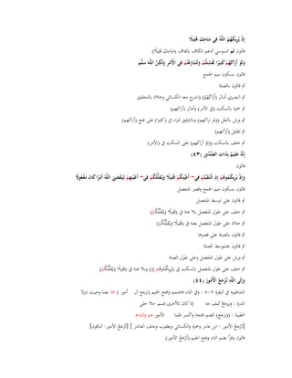 ‫إِذ يُريكهم اللَّوُ فِي منَامك قَلِيَل‬
‫َ ِ َ ً‬
‫ْ ِ َُ ُ‬

‫قالوف ثم السوسي أدغم الكاؼ بالقاؼ (منَامك قَلِيال)‬
‫َ ِ َ ً‬
‫ِ‬
‫ولَو أَراكهم كثِيرا لَفشلْتُم ولَتَػنَازعتُم فِي األَمر ولَكن اللَّوَ سلَّم‬
‫ْ ْ ِ َ ِ َّ‬
‫َ ْ َ َُ ْ َ ً َ ْ َ َْ ْ‬
‫َ َ‬
‫قالوف بسكوف ميم اعبمع‬
‫ٍب قالوف بالصلة‬
‫ٍب البصري أماؿ (أَراكهم) و ج معو الكسائي وخالد بالتحقيق‬
‫َ َ ُ ْ اندر‬
‫ٍب ضبزة بالسكت (ُب األمر) وأماؿ (أراكهم)‬

‫ٍب ورش بالنقل (ولو اراكهم) وبالًتقيق للراء ُب (كثَتا) على فتح (أراكهم)‬
‫َ‬

‫ٍب تقليل (أراكهم)‬

‫ٍب خلف بالسكت (ولو أراكهم) على السكت ُب (األمر)‬
‫ْ‬
‫َ ٌ َ ِ ُّ ُ ِ‬
‫إِنَّوُ علِيم بِذات الصدور (ٖٗ)‬
‫قالوف‬
‫ِ‬
‫ِ‬
‫ِ‬
‫وإِذ يُريكموىم إِذ الْتَػق ْيتُم فِي~ أَعيُنِكم قَلِيَل ويُػقلّْلُكم فِي~ أَعيُنِهم لِيَػقضي اللَّوُ أَمرا كاف مفعوَل‬
‫ًْ َ َ َْ ُ ً‬
‫ْ ُْ ً َ َ ُْ‬
‫َ ْ‬
‫َ ْ ِ ُُ ُ ْ‬
‫ْ ْ ْ َ‬
‫قالوف بسكوف ميم اعبمع وقصر اؼبنفصل‬
‫ٍب قالوف على توسط اؼبنفصل‬

‫ٍب خلف على طوؿ اؼبنفصل بال غنة ُب (قَلِيال ويػُقلّْلُكم)‬
‫ً َ َ ُْ‬
‫ٍب خالد على طوؿ اؼبنفصل بغنة ُب (قَلِيال ويػُقلّْلُكم)‬
‫ً َ َ ُْ‬
‫ٍب قالوف بالصلة على قصرىا‬
‫ٍب قالوف عل توسط الصلة‬
‫ٍب ورش على طوؿ اؼبنفصل وعلى طوؿ الصلة‬

‫ِ‬
‫ٍب خلف على طوؿ اؼبنفصل بالسكت ُب (يُريكموىم إِذ) وبال غنة ُب (قَلِيال ويػُقلّْلُكم)‬
‫ً َ َ ُْ‬
‫ِ ُُ ُْ‬
‫ِ‬
‫وإِلَى اللَّو تُػرجع األُمور (ٗٗ)‬
‫َُْ ْ ُ ُ‬
‫َ‬
‫ِ‬
‫الشاطبية ُب البقرة ٚٓ٘ : وُب التاء فاضمم وافتح اعبيم (تَرجع اؿ أمور ) ظبا نصا وحيث تنزال‬
‫ِ‬
‫إذا كاف لألخرى فسم حال حلى‬
‫الدرة : ويَرجع كيف جا‬
‫ُ‬
‫الطيبة : (وترجع) الضم افتحا واكسر ظما األمور ىم والشاـ‬
‫ِ‬
‫[تَػ ْرجع األمور : ابن عامر وضبزة والكسائي ويعقوب وخلف العاشر ] [تُػ ْرجع األمور: الباقوف]‬
‫َُ‬
‫ُ‬
‫قالوف وقرأ بضم التاء وفتح اعبيم (تُػ ْرجع األمور)‬
‫َُ‬

 