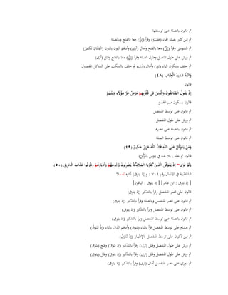 ‫ٍب قالوف بالصلة على توسطها‬
‫ِ ِ‬
‫ٍب ابن كثَت بصلة اؽباء (عقبَػْيو) وقرأ (إِينَ) معا بالفتح وبالصلة‬
‫ّْ‬
‫َ‬
‫ِ ِ‬
‫ٍب السوسي وقرأ (إِينَ) معا بالفتح وأماؿ (أرى) وأدغم النوف بالنوف (الْفئَتَاف نَكص)‬
‫ّْ‬
‫َ َ‬
‫ٍب ورش على طوؿ اؼبتصل وطوؿ الصلة وقرأ (إِينَ) معا بالفتح وقلل (أرى)‬
‫ّْ‬

‫ٍب خلف بسكوف الياء (إين) وأماؿ (أرى) ٍب خلف بالسكت على الساكن اؼبفصوؿ‬
‫َ َ ِ ُ َِ ِ‬
‫واللَّوُ شديد الْعقاب (ٛٗ)‬
‫قالوف‬
‫ِ‬
‫ٌ َّ ُ َ ِ ِ‬
‫إِذ يَػقوؿ الْمنَافِقوف والَّذين فِي قُػلُوبِهم مرض غَر ىؤّلء دينُػهم‬
‫َ‬
‫ُْ‬
‫ْ ُ ُ ُ ُ ََ َ‬
‫ِ ْ ََ‬
‫قالوف بسكوف ميم اعبمع‬
‫ٍب قالوف على توسط اؼبنفصل‬
‫ٍب ورش على طوؿ اؼبنفصل‬
‫ٍب قالوف بالصلة على قصرىا‬
‫ٍب قالوف على توسط الصلة‬
‫ِ‬
‫ِ َّ‬
‫ومن يَػتَػ َكل علَى اللَّو فَِإف اللَّوَ عزيز حكيم (ٜٗ)‬
‫َ َ ْ وَّ ْ َ‬
‫َِ ٌ َ ٌ‬
‫قالوف ٍب خلف بال غنة ُب (ومن يػَتَػ َكل)‬
‫َ َ ْ وَّ ْ‬
‫ِ‬
‫ََ َ َِ ِ‬
‫ولَو تَػرى~ إِذ يَػتَػوفَّى الَّذين كفروا الْمَلئِكةُ يَضربُوف وجوىهم وأَدبَارىم وذُوقُوا عذاب الْحريق (ٓ٘)‬
‫َ َ َ ُ َ َ َ ْ ِ َ ُ ُ َ ُ ْ َ ْ َُ ْ َ‬
‫ْ َ‬
‫َْ َ‬
‫الشاطبية ُب األنفاؿ رقم ٜٔٚ : و(إذ يتوَب) أنثوه لو مال‬
‫[ إذ تتوَب : ابن عامر] [ إذ يتوَب : الباقوف]‬
‫قالوف على قصر اؼبنفصل وقرأ بالتذكَت (إذ يتوَب)‬
‫ٍب قالوف على قصر اؼبنفصل وبالصلة وقرأ بالتذكَت (إذ يتوَب)‬
‫ٍب قالوف على توسط اؼبنفصل وقرأ بالتذكَت (إذ يتوَب)‬
‫ٍب قالوف بالصلة على توسط اؼبنفصل وقرأ بالتذكَت (إذ يتوَب)‬
‫ْ َ َّ‬
‫ٍب ىشاـ على توسط اؼبنفصل قرأ بالتاء (تتوَب) وأدغم الذاؿ بالتاء (إِذ تَػتَػوَب)‬

‫ْ َ َّ‬
‫ٍب ابن ذكواف على توسط اؼبنفصل باإلظهار (إِذ تَػتَػوَب)‬

‫ٍب ورش على طوؿ اؼبنفصل وقلل (ترى) وقرأ بالتذكَت (إذ يتوَب) وفتح (يتوَب)‬
‫ٍب ورش على طوؿ اؼبنفصل وقلل (ترى) وقرأ بالتذكَت (إذ يتوَب) وقلل (يتوَب)‬
‫ٍب دوري على قصر اؼبنفصل أماؿ (ترى) وقرأ بالتذكَت (إذ يتوَب)‬

 