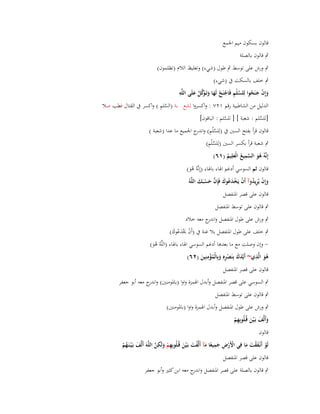 ‫قالوف بسكوف ميم اعبمع‬
‫ٍب قالوف بالصلة‬
‫ٍب ورش على توسط ٍب طوؿ (شيء) وتغليظ الالـ (تظلموف)‬
‫ٍب خلف بالسكت ُب (شيء)‬
‫ِ‬
‫وإِف جنَحوا لِلسلْم فَاجنَح لَها وتَػ َكل علَى اللَّو‬
‫َّ ِ ْ ْ َ َ وَّ ْ َ‬
‫َ ْ َ ُ‬
‫َّ ِ‬
‫الدليل من الشاطبية رقم ٕٔٚ : واكسروا لشع بة (السلم ) واكسر ُب القتاؿ فطب صال‬
‫[للسلم : شعبة ] [ للسلم : الباقوف]‬
‫َّ‬
‫ّْ‬
‫قالوف قرأ بفتح السُت ُب (لِلس ْلم) و ج اعبميع ما عدا (شعبة )‬
‫َّ ِ اندر‬
‫ّْ ِ‬
‫ٍب شعبة قرأ بكسر السُت (لِلس ْلم)‬
‫ِ‬
‫إِنَّوُ ىو السميع الْعلِيم (ٔٙ)‬
‫ُ َ َّ ُ َ ُ‬

‫قالوف ثم السوسي أدغم اؽباء باؽباء (إِنَّوُ ىو)‬
‫َُ‬

‫َ ْ ِ ُ ْ ْ َ ُ َ َّ َ ْ َ‬
‫وإِف يُريدوآ أَف يَخدعوؾ فَِإف حسبَك اللَّوُ‬
‫قالوف على قصر اؼبنفصل‬
‫ٍب قالوف على توسط اؼبنفصل‬

‫ٍب ورش على طوؿ اؼبنفصل و ج معو خالد‬
‫اندر‬
‫ٍب خلف على طوؿ اؼبنفصل بال غنة ُب (أَف خيْدعوؾ)‬
‫ْ ََُ َ‬

‫ وإف وصلت مع ما بعدىا أدغم السوسي اؽباء باؽباء (اللَّوُ ىو)‬‫َُ‬
‫ِ‬
‫ِ‬
‫ىو الَّذي~ أَيَّدؾ بِنَصرهِ وبِالْمؤمنِين (ٕٙ)‬
‫َ َ ْ ِ َ ُْ َ‬
‫َُ‬
‫قالوف على قصر اؼبنفصل‬
‫ٍب السوسي على قصر اؼبنفصل وأبدؿ اؽبمزة واوا (باؼبومنُت) و ج معو أبو جعفر‬
‫اندر‬
‫ٍب قالوف على توسط اؼبنفصل‬
‫ٍب ورش على طوؿ اؼبنفصل وأبدؿ اؽبمزة واوا (باؼبومنُت)‬
‫وأَلَّف بَػ ْين قُػلُوبِهم‬
‫ِْ‬
‫َ َ َ‬
‫قالوف‬
‫ِ‬
‫لَو أَنْػفقت ما فِي األَرض جميعا مآ أَلَّفت بَػ ْين قُػلُوبِهم ولَكن اللَّوَ أَلَّف بَػ ْيػنَػهم‬
‫ِ ْ َ ِ َّ‬
‫ْ َْ َ َ‬
‫َ ُْ‬
‫ْْ ِ َ ً َ ْ َ َ‬
‫قالوف على قصر اؼبنفصل‬
‫ٍب قالوف بالصلة على قصر اؼبنفصل و ج معو ابن كثَت وأبو جعفر‬
‫اندر‬

 